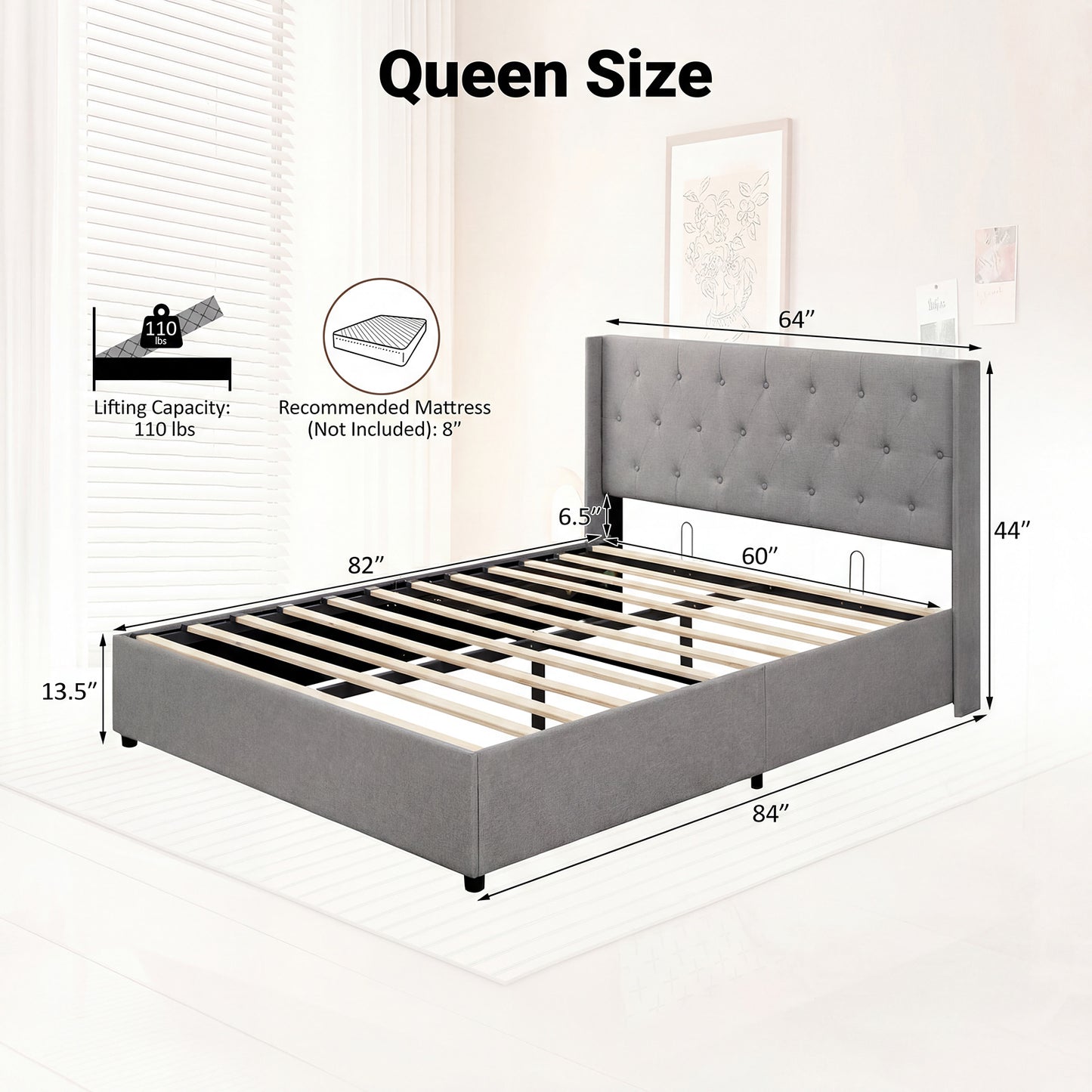 Queen Size Lift-up Storage Bed Modern Linen Upholstered Platform Bed-Gray