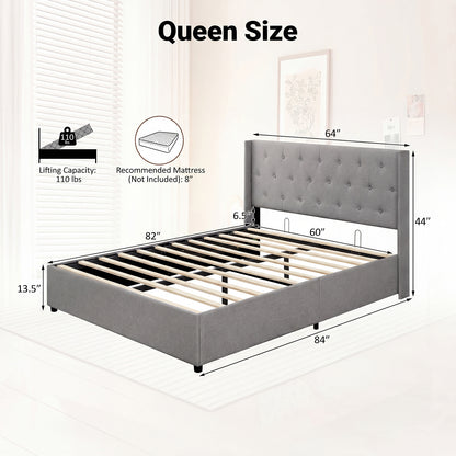 Queen Size Lift-up Storage Bed Modern Linen Upholstered Platform Bed-Gray