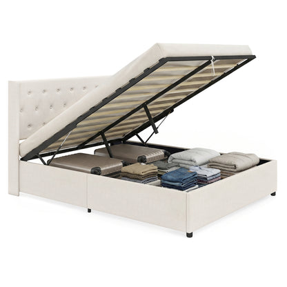 Queen Size Lift-up Storage Bed Modern Linen Upholstered Platform Bed-Beige