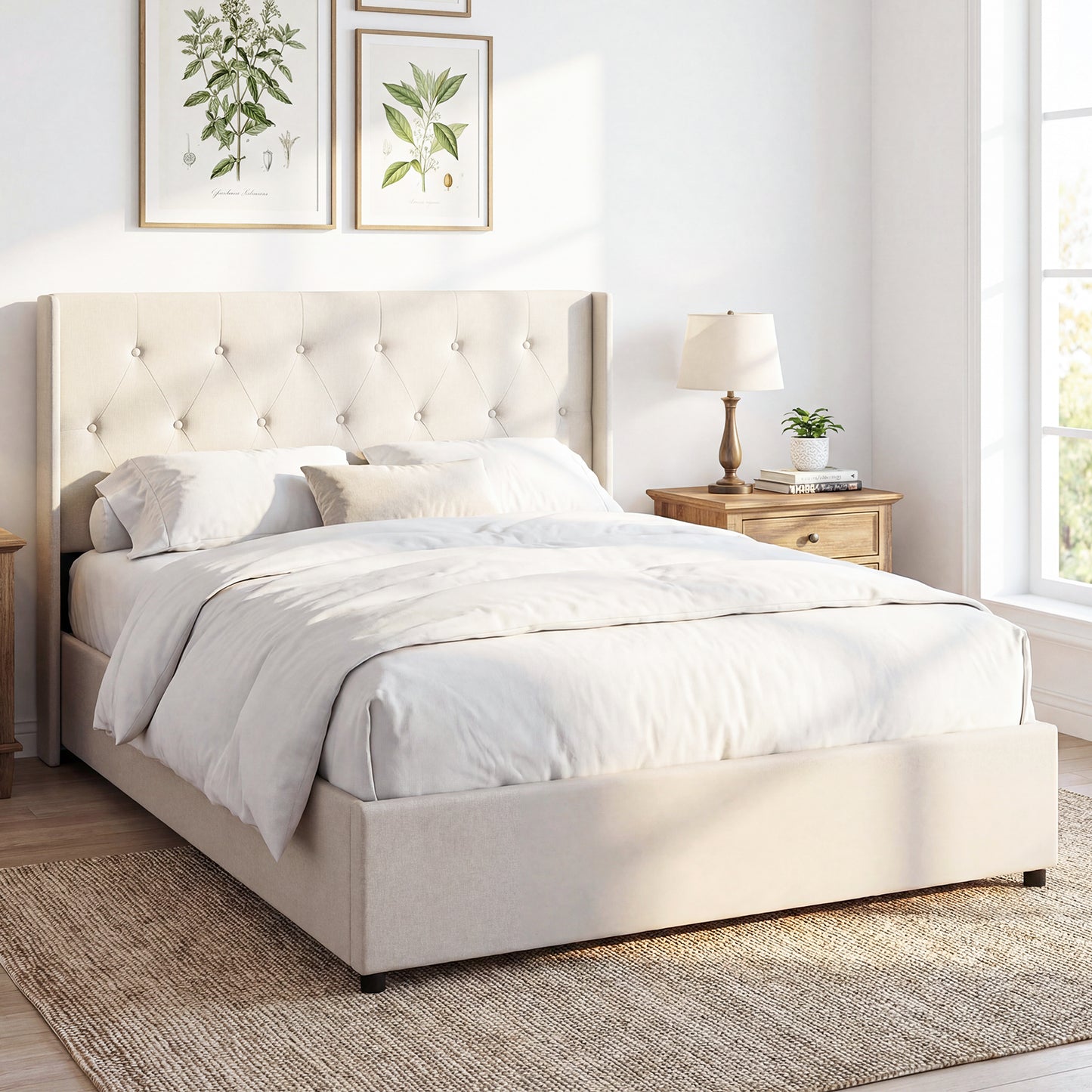 Queen Size Lift-up Storage Bed Modern Linen Upholstered Platform Bed-Beige
