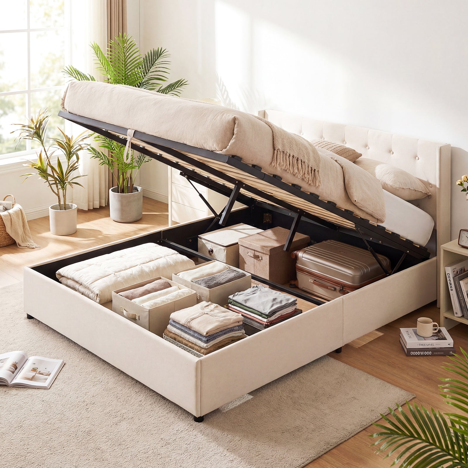 Queen Size Lift-up Storage Bed Modern Linen Upholstered Platform Bed-Beige