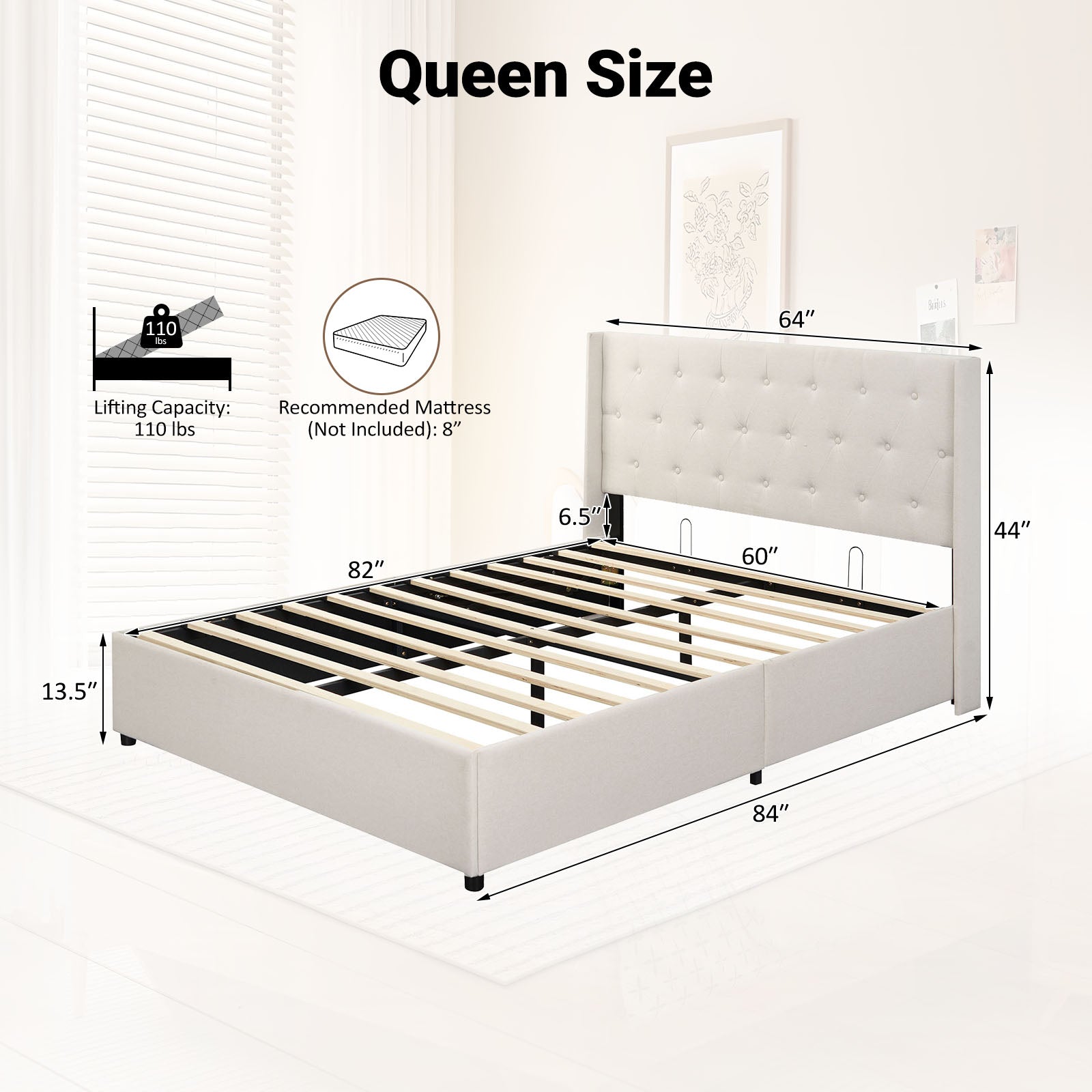 Queen Size Lift-up Storage Bed Modern Linen Upholstered Platform Bed-Beige