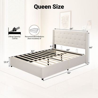 Queen Size Lift-up Storage Bed Modern Linen Upholstered Platform Bed-Beige