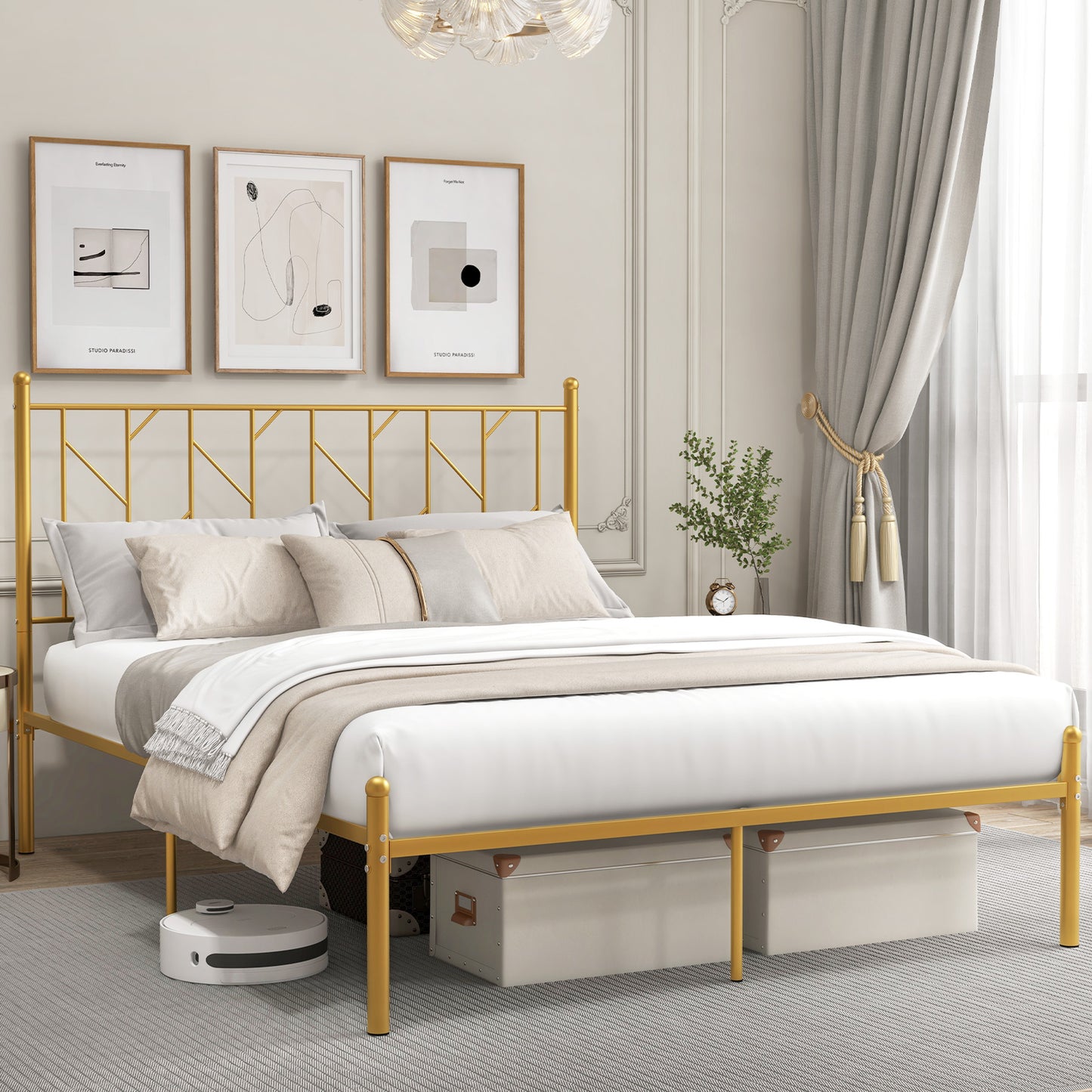 Twin/Full Size Metal Platform Bed Frame with Vintage Headboard-Queen Size