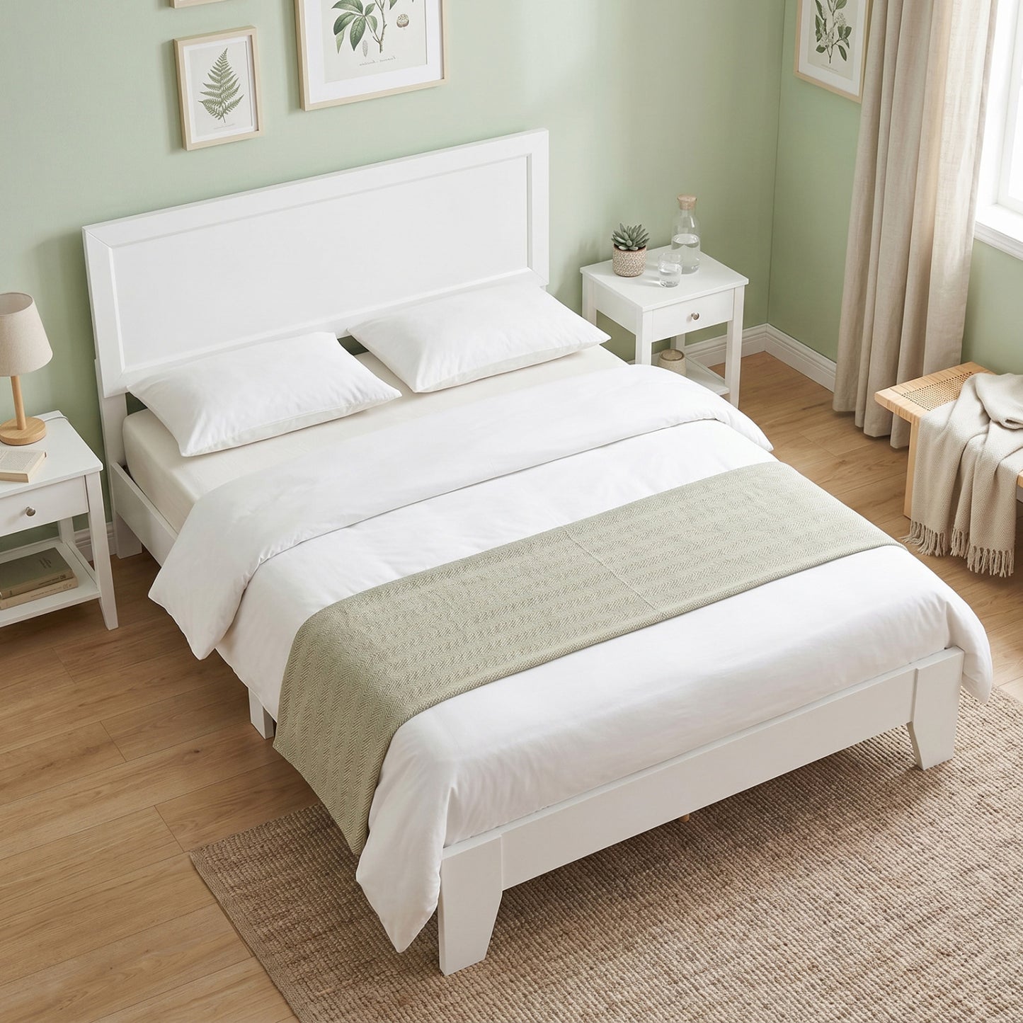 Queen Size Platform Bed Frame with Headboard - White