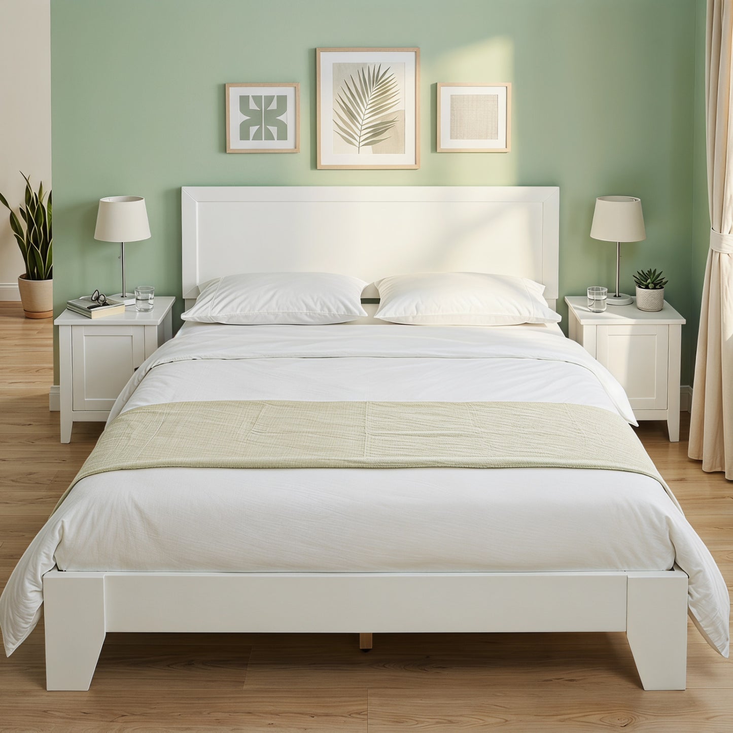 Queen Size Platform Bed Frame with Headboard - White