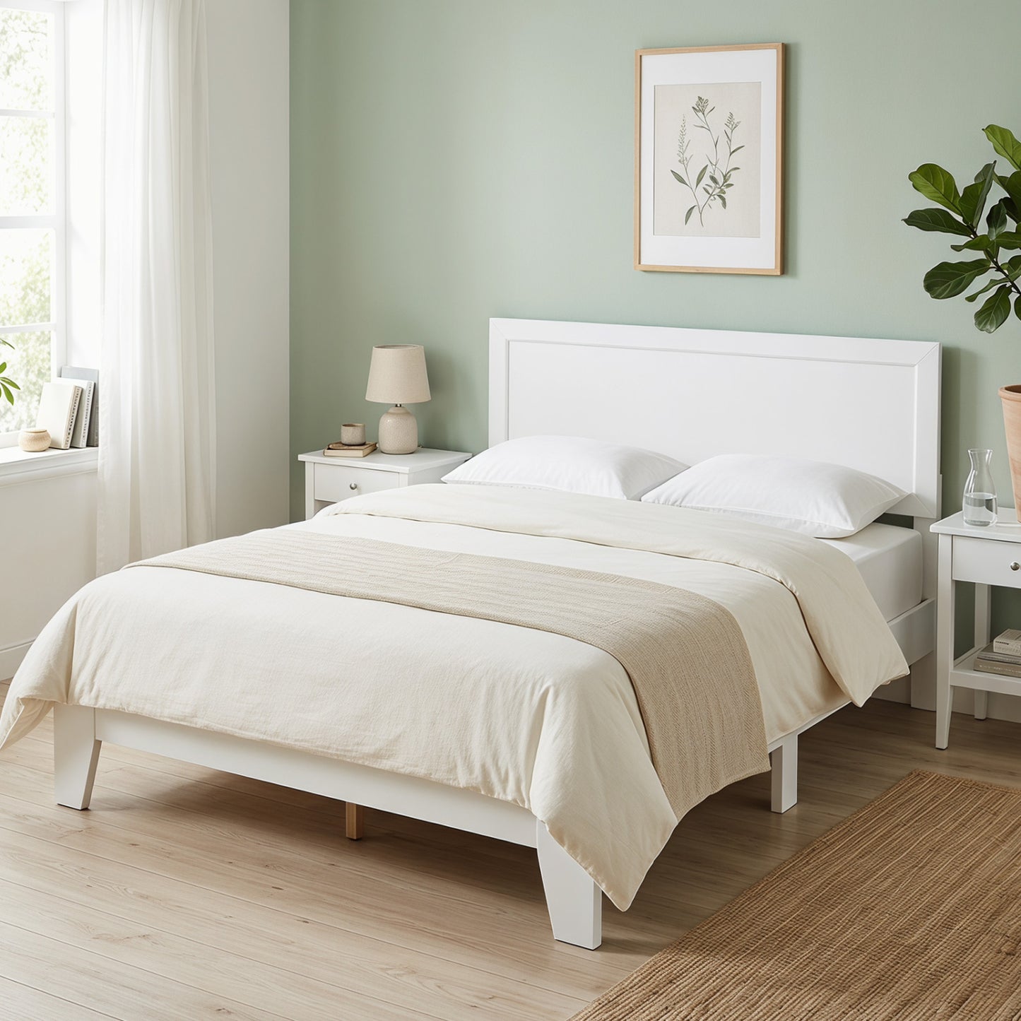 Queen Size Platform Bed Frame with Headboard - White