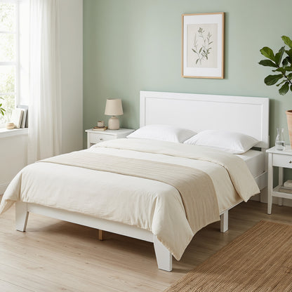 Queen Size Platform Bed Frame with Headboard - White