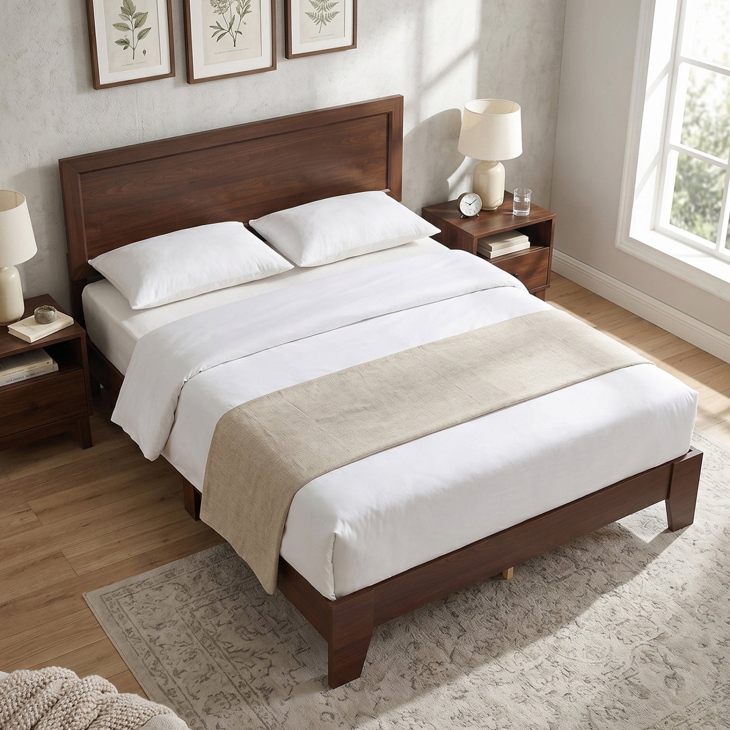 Queen Size Platform Bed Frame with Headboard - White