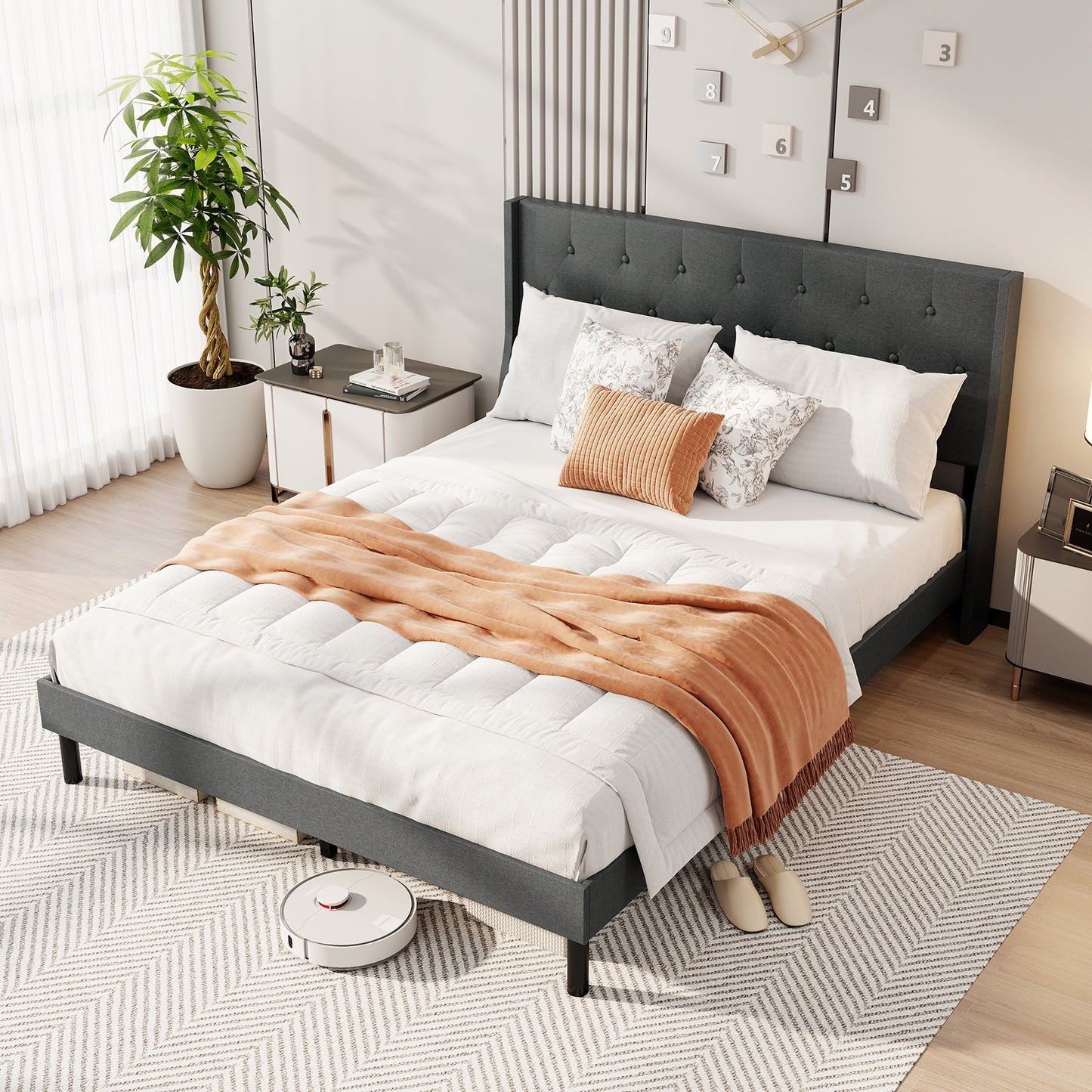 Queen Size Upholstered Bed Frame with Button Tufted Wingback Headboard and Wooden Slats Support Mattress Foundation-Gray