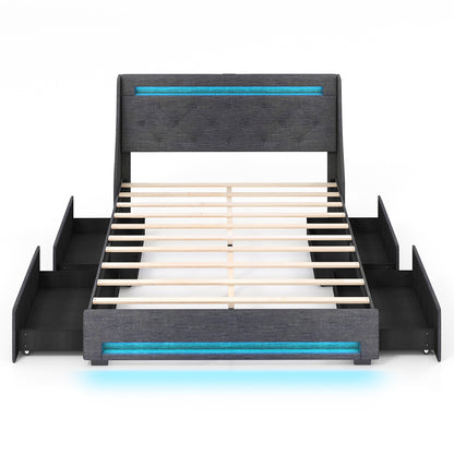 Queen Size Upholstered Platform Bed Frame with LED Lights and Charging Station-Grey