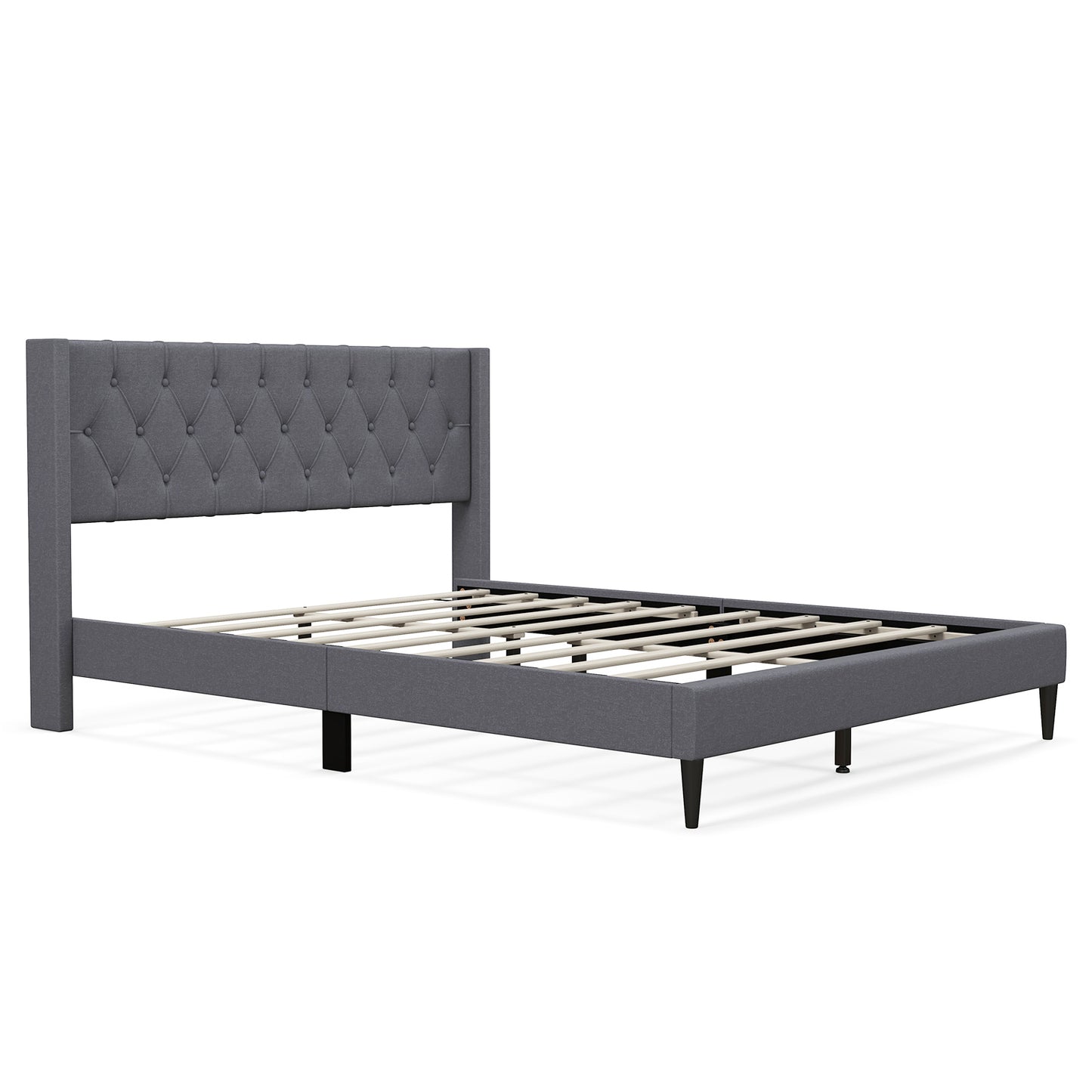 Queen Size Upholstered Platform Bed with Button Tufted Wingback Headboard-Gray - Gray