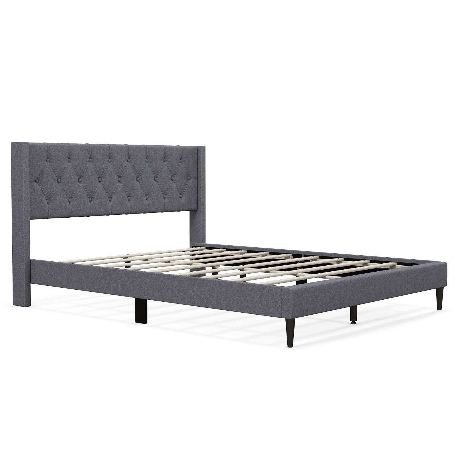 Queen Size Upholstered Platform Bed with Button Tufted Wingback Headboard-Gray - Gray