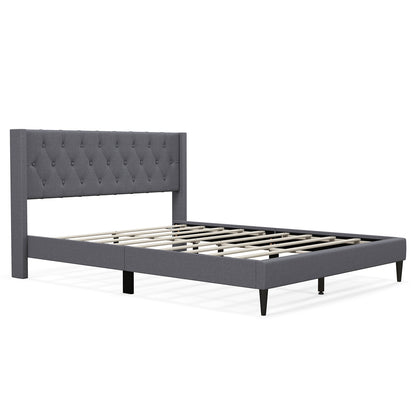 Queen Size Upholstered Platform Bed with Button Tufted Wingback Headboard-Gray - Gray