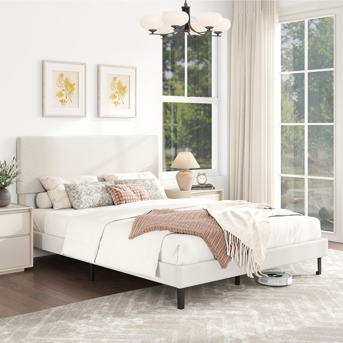 Queen Size Velvet Bed Frame Upholstered Platform Bed with Chevron Headboard Beige