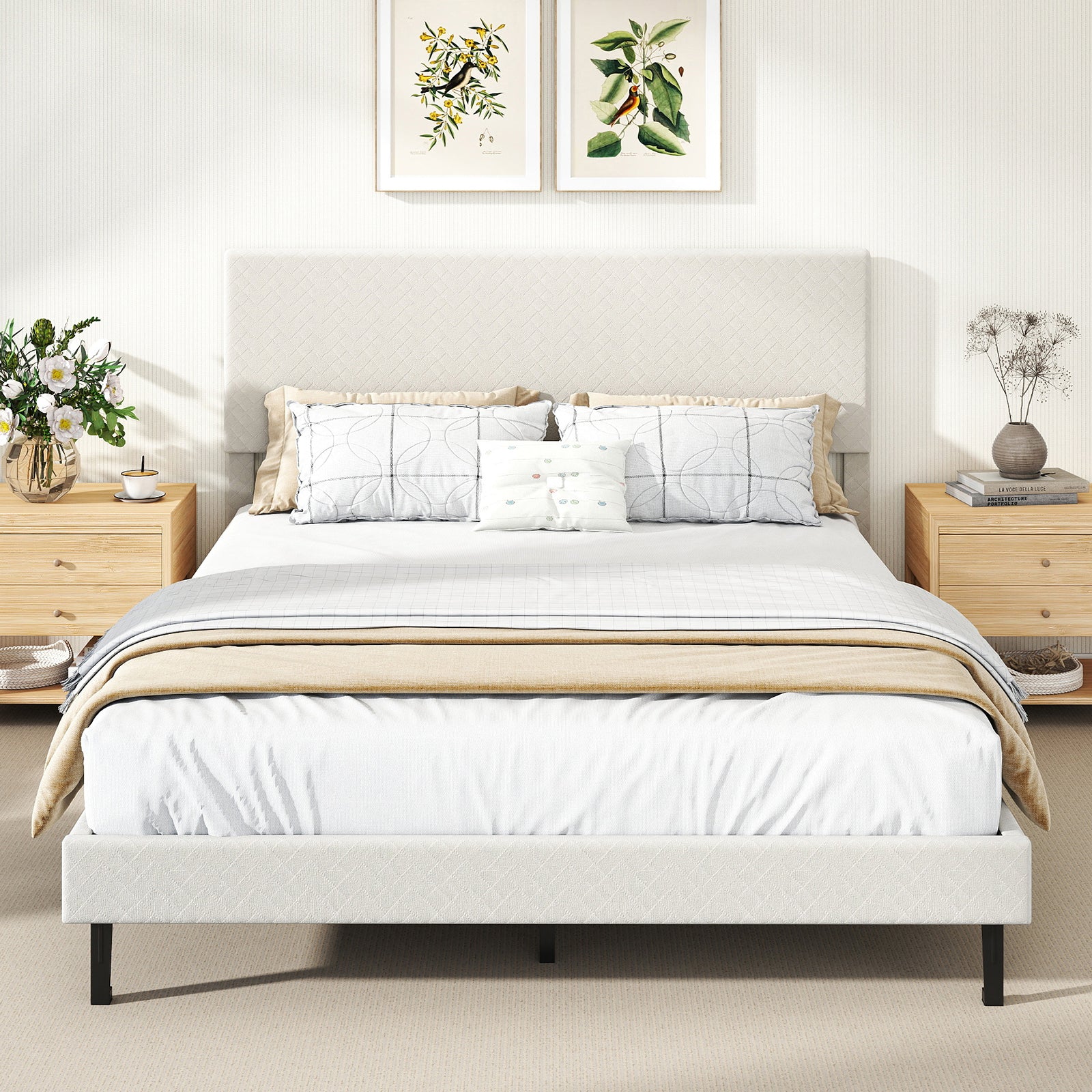 Queen Size Velvet Bed Frame Upholstered Platform Bed with Chevron Headboard Beige