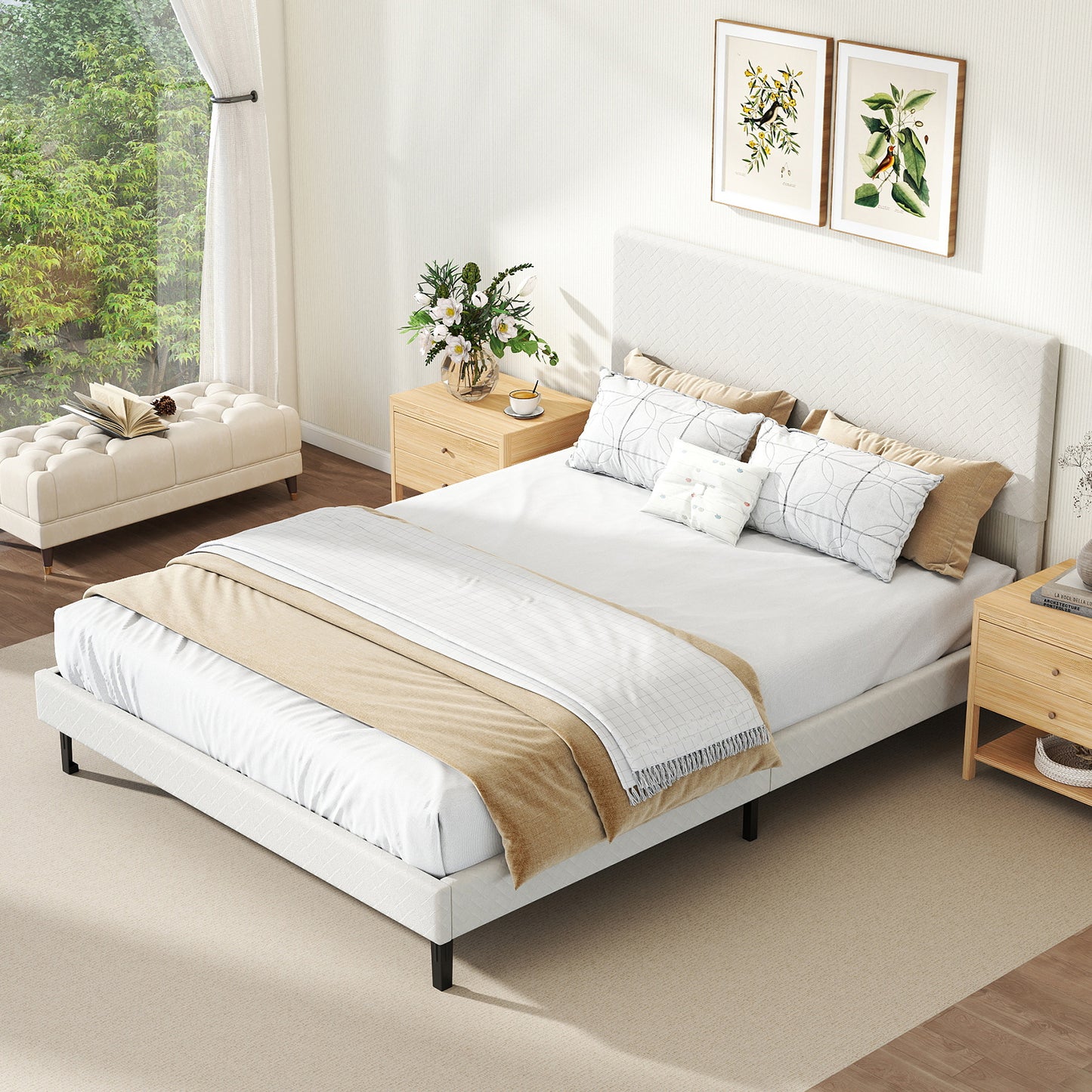 Queen Size Velvet Bed Frame Upholstered Platform Bed with Chevron Headboard Beige