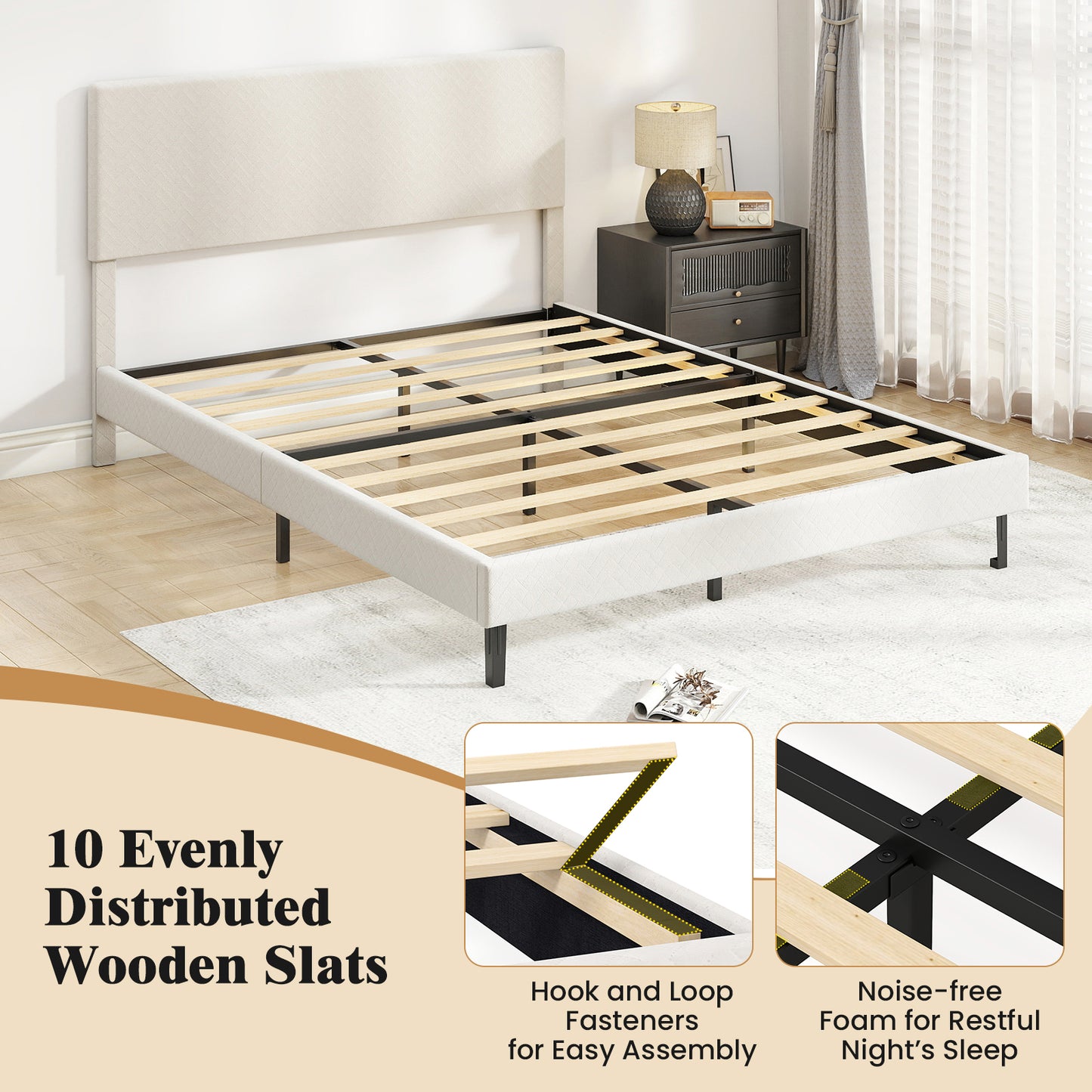 Queen Size Velvet Bed Frame Upholstered Platform Bed with Chevron Headboard Beige