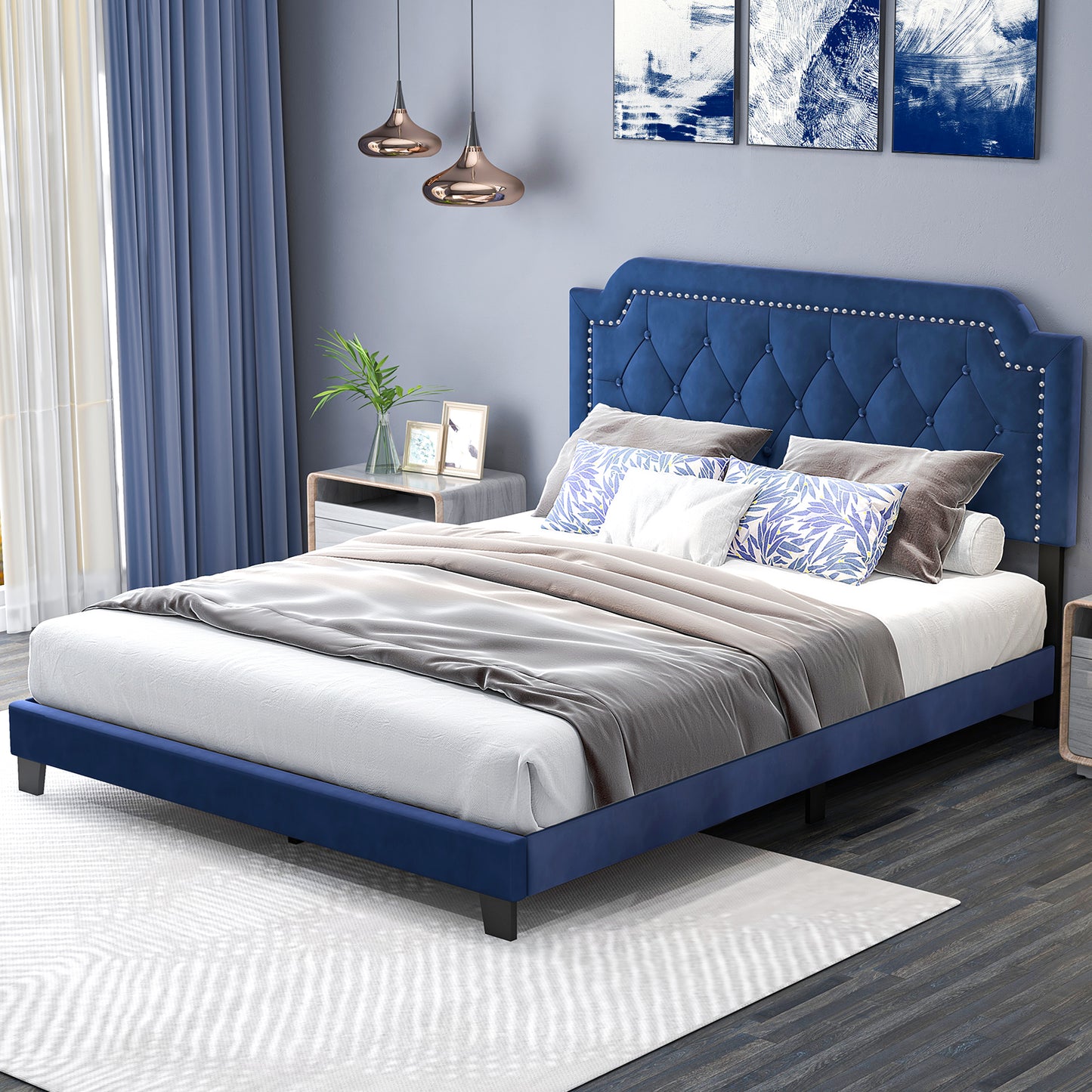 Queen Size Velvet Platform Bed with Button Tufted and Nailhead Trim Headboard-Queen Size