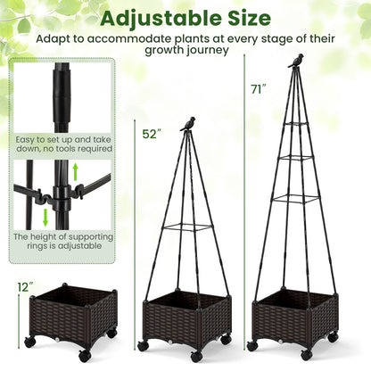 Raised Garden Bed Adjustable with Plant Box and Trellis with Lockable Wheels