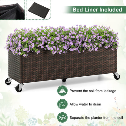 Raised Garden Bed PE Rattan Wicker Patio Planter Box with Wheels and Liner