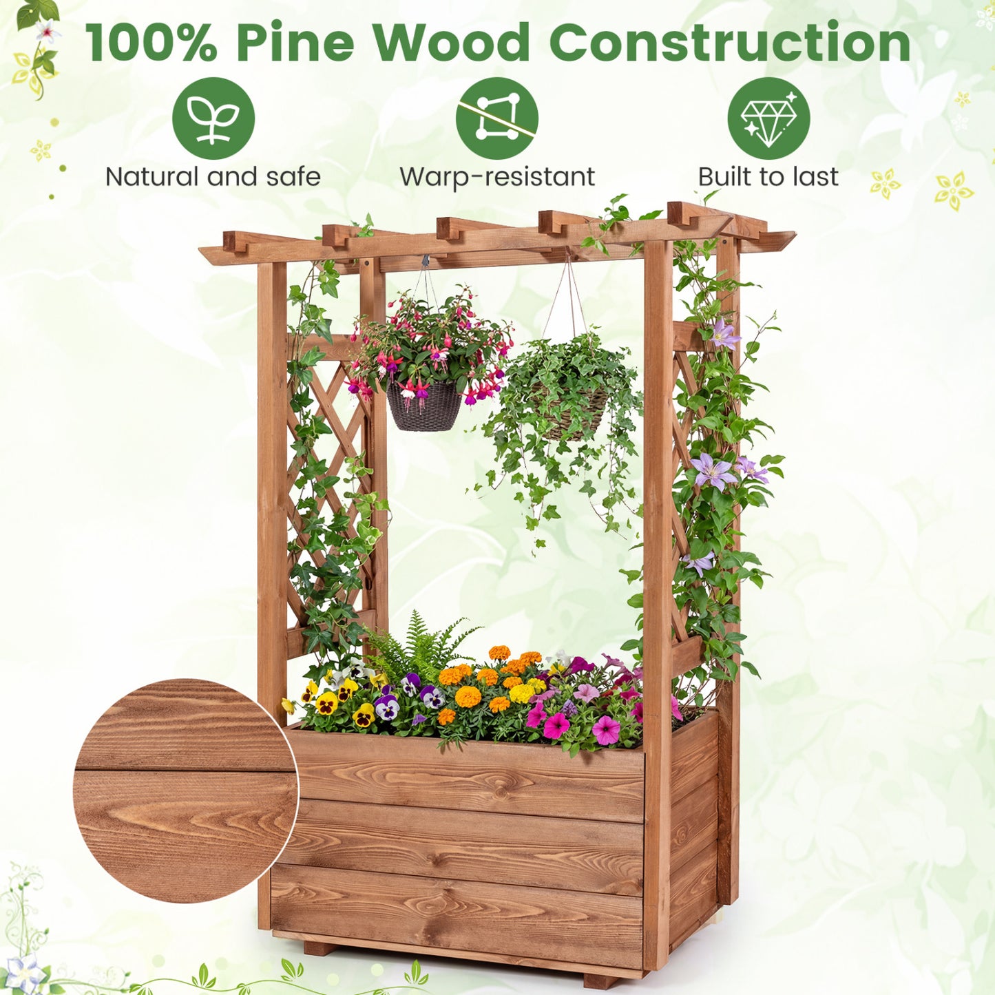 Raised Garden Bed with Lattice Trellises with Hanging Roof Set of 2