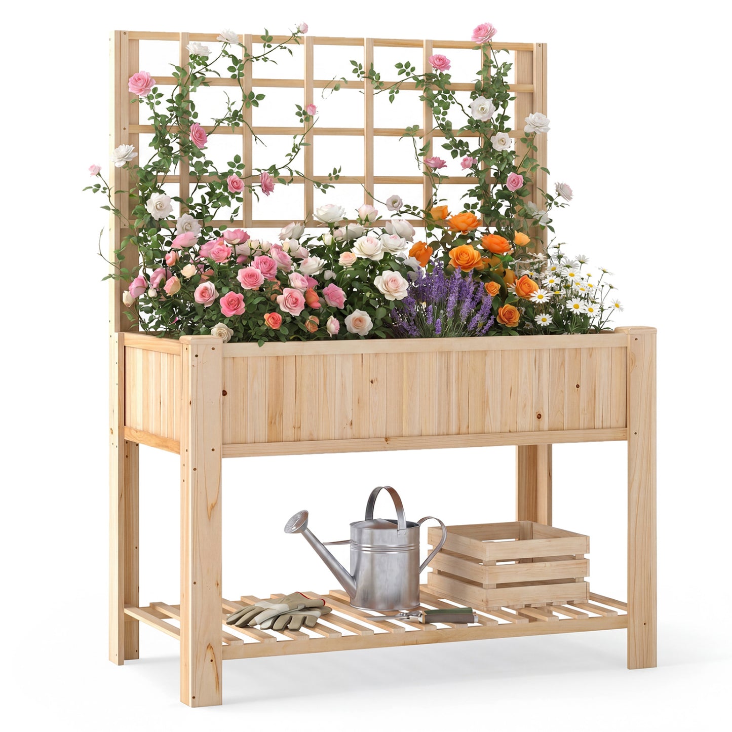 Raised Garden Bed with Trellis Wooden Elevated Planter Box with Legs-Natural - Natural