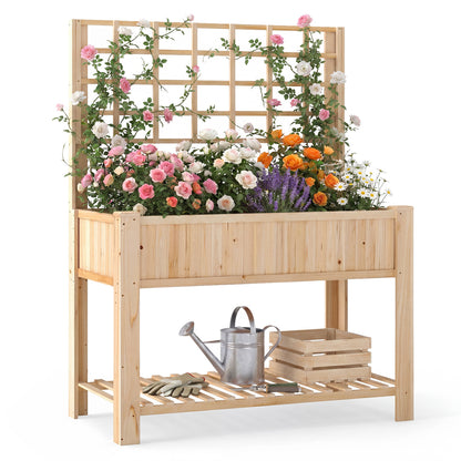 Raised Garden Bed with Trellis Wooden Elevated Planter Box with Legs-Natural - Natural