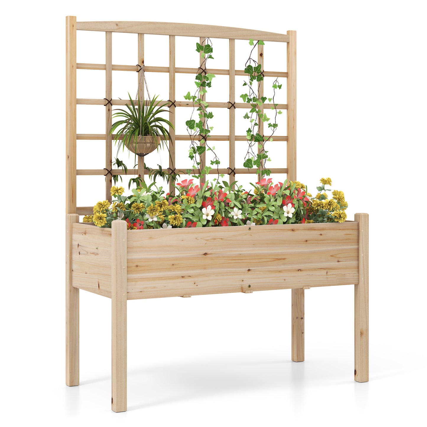 Raised Garden Bed with Lattice Trellis and Drainage Holes Elevated-Natural