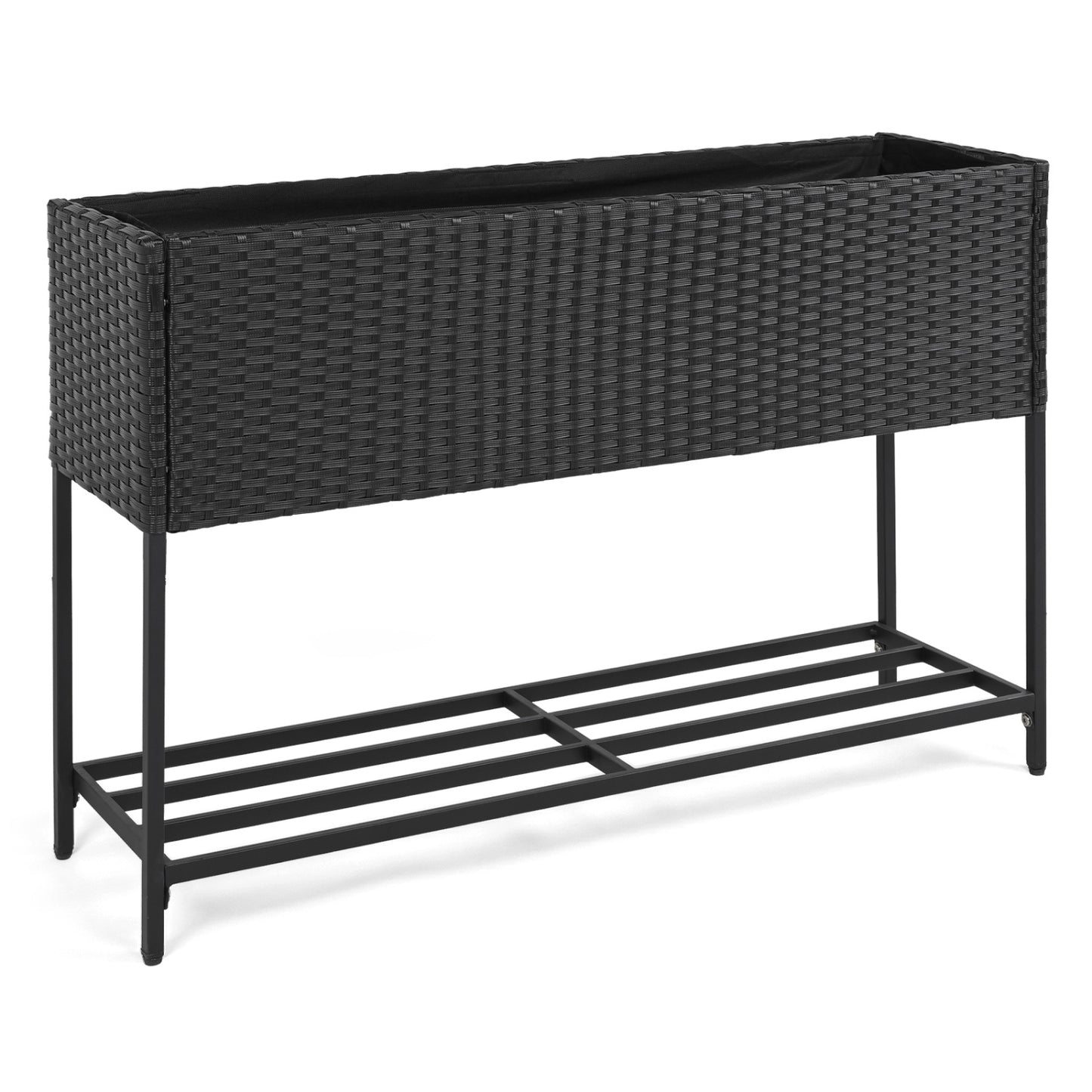 Wicker Raised Garden Bed with Storage Shelf and Drainage Gaps for Flowers - Black