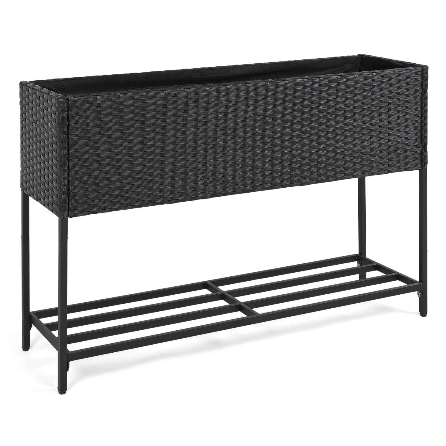 Wicker Raised Garden Bed with Storage Shelf and Drainage Gaps for Flowers - Black