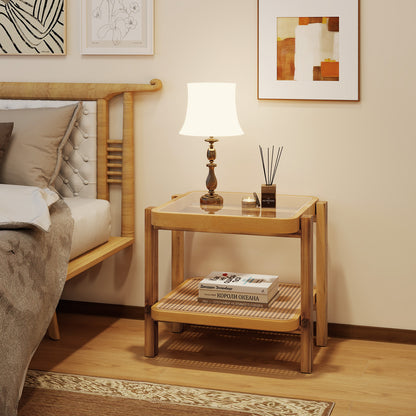 Rattan 2-Tier End Side Table with Tempered Glass Top Acacia Wood Legs-Brown