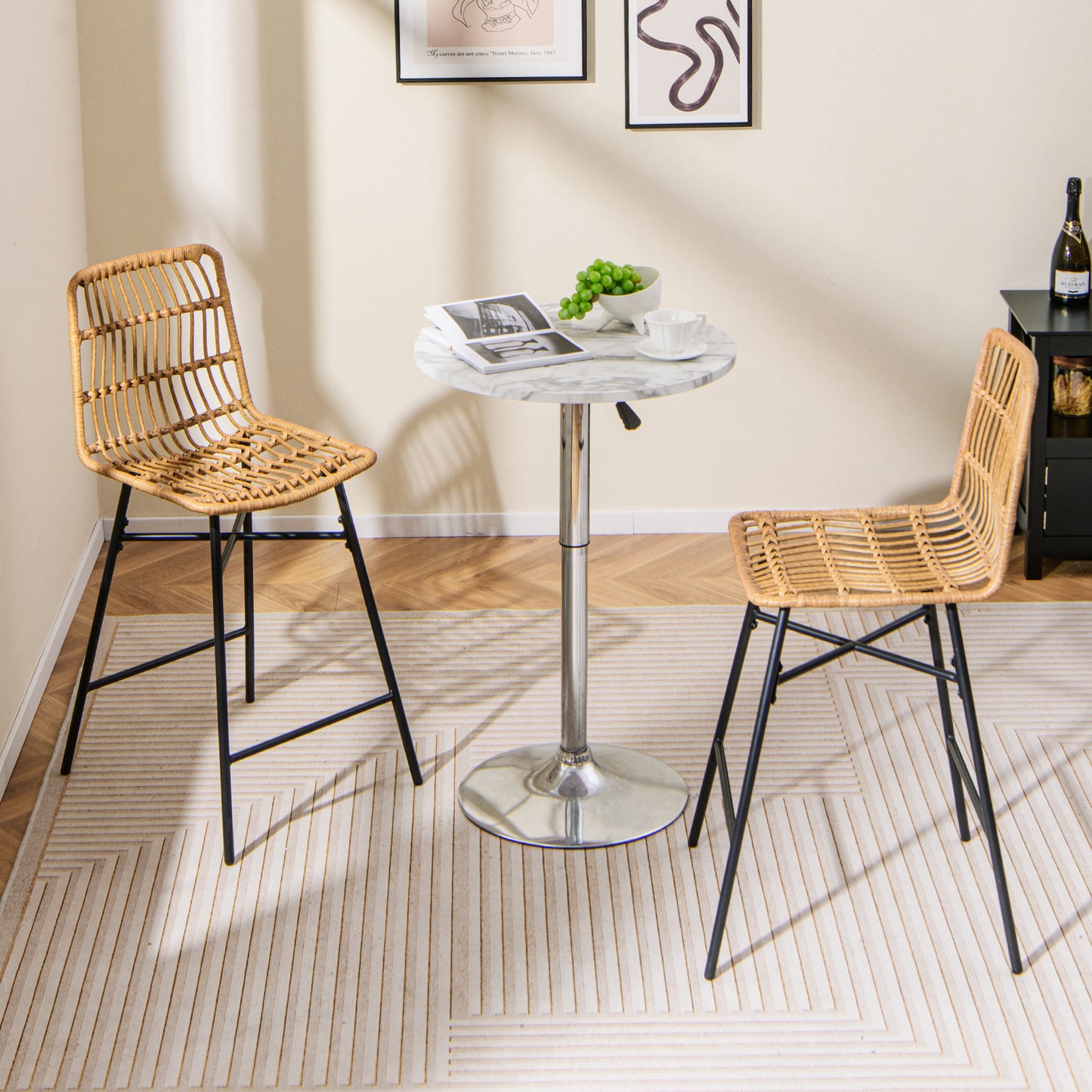 Set of 2 Rattan Bar Stools with Sturdy Metal Frame-Yellow