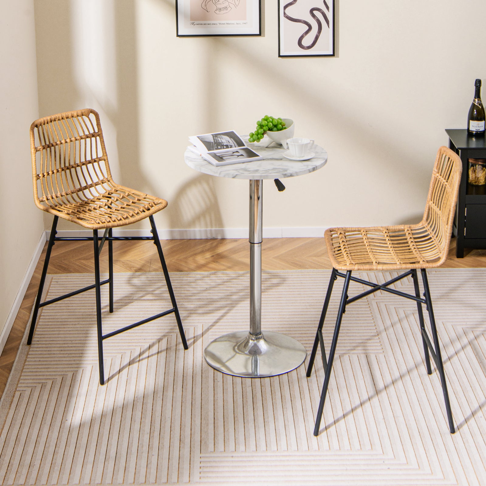 Set of 2 Rattan Bar Stools with Sturdy Metal Frame-Yellow