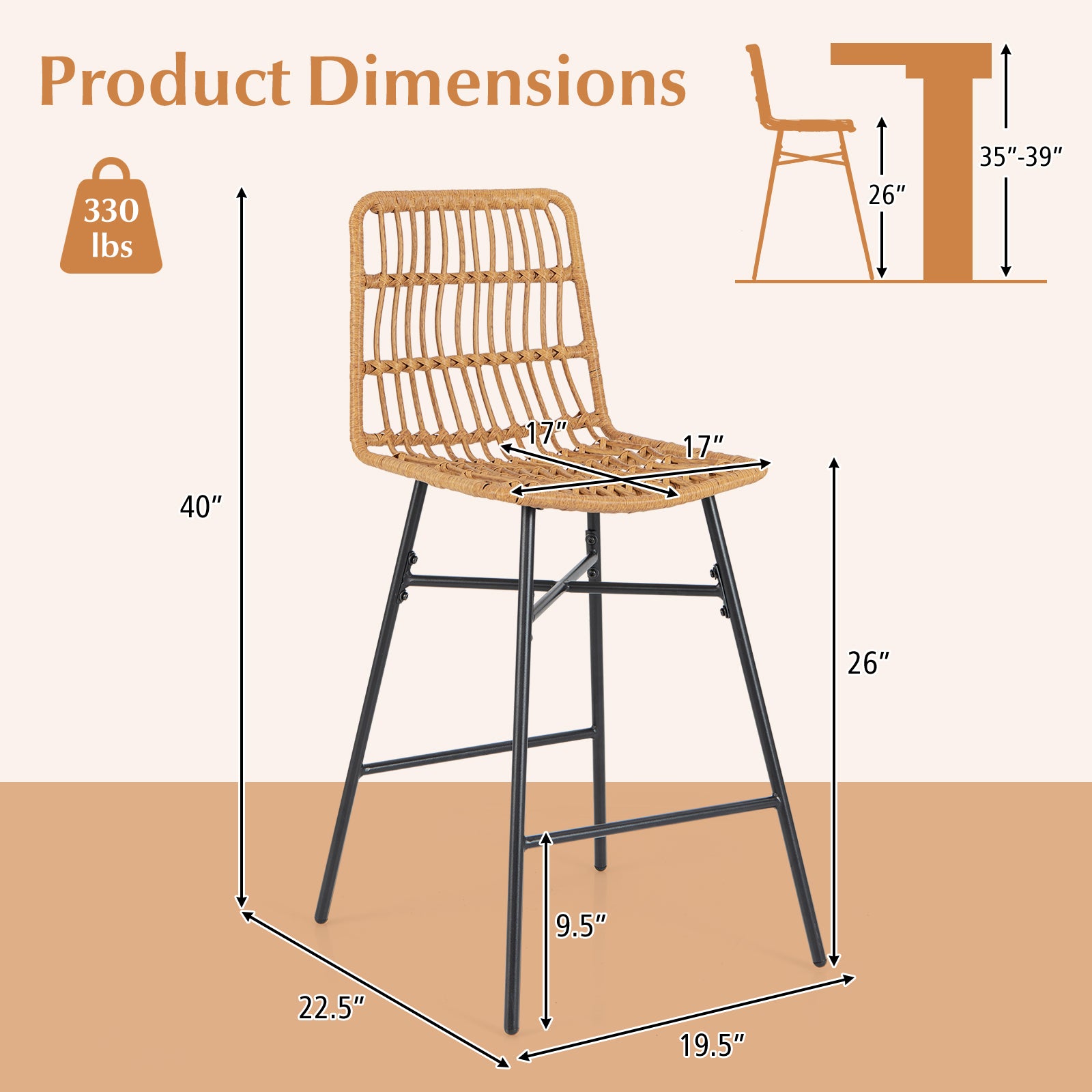 Set of 2 Rattan Bar Stools with Sturdy Metal Frame-Yellow