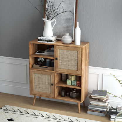 Rattan Buffet Cabinet with 2 Doors and 2 Cubbies-Natural