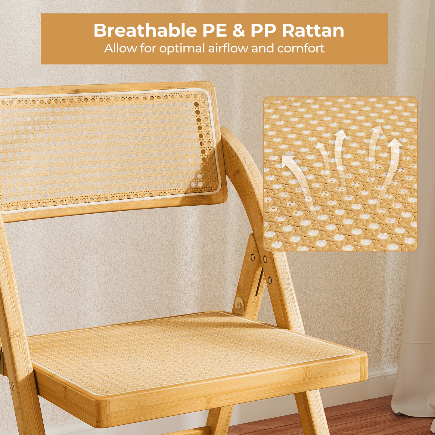 Rattan Cane Folding Dining Chairs Set of 2 with Rotatable Backrests-Natural