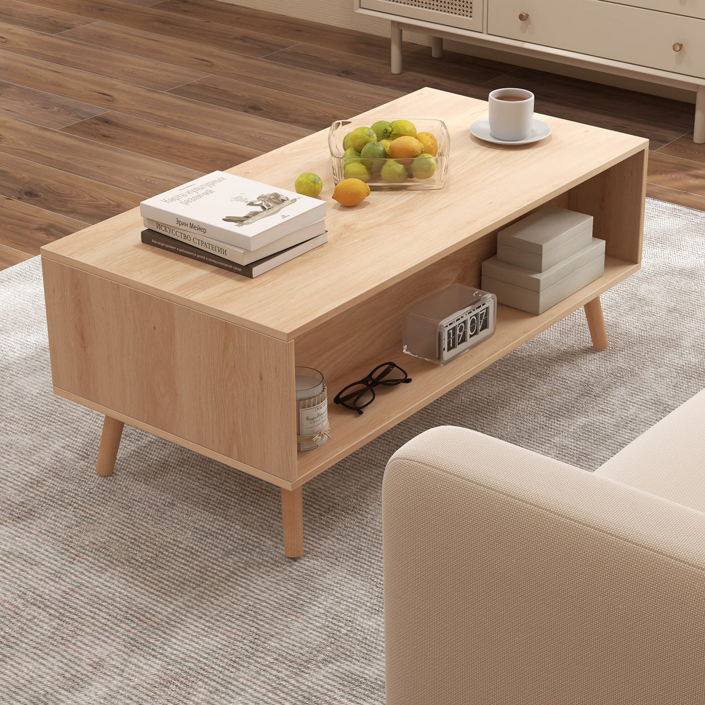 Rattan Coffee Table Mid Century Modern Center Table with 2 Storage Drawers-Natural