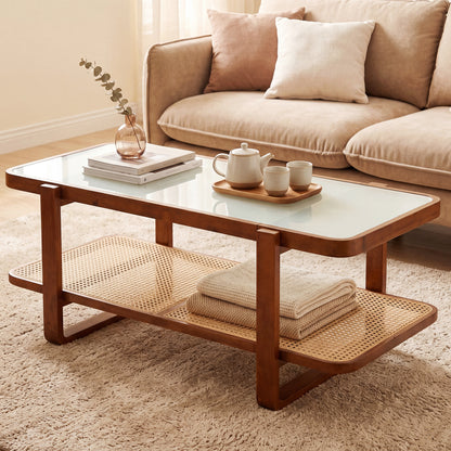 Rattan Coffee Table with Tempered Glass Top and Storage Shelf