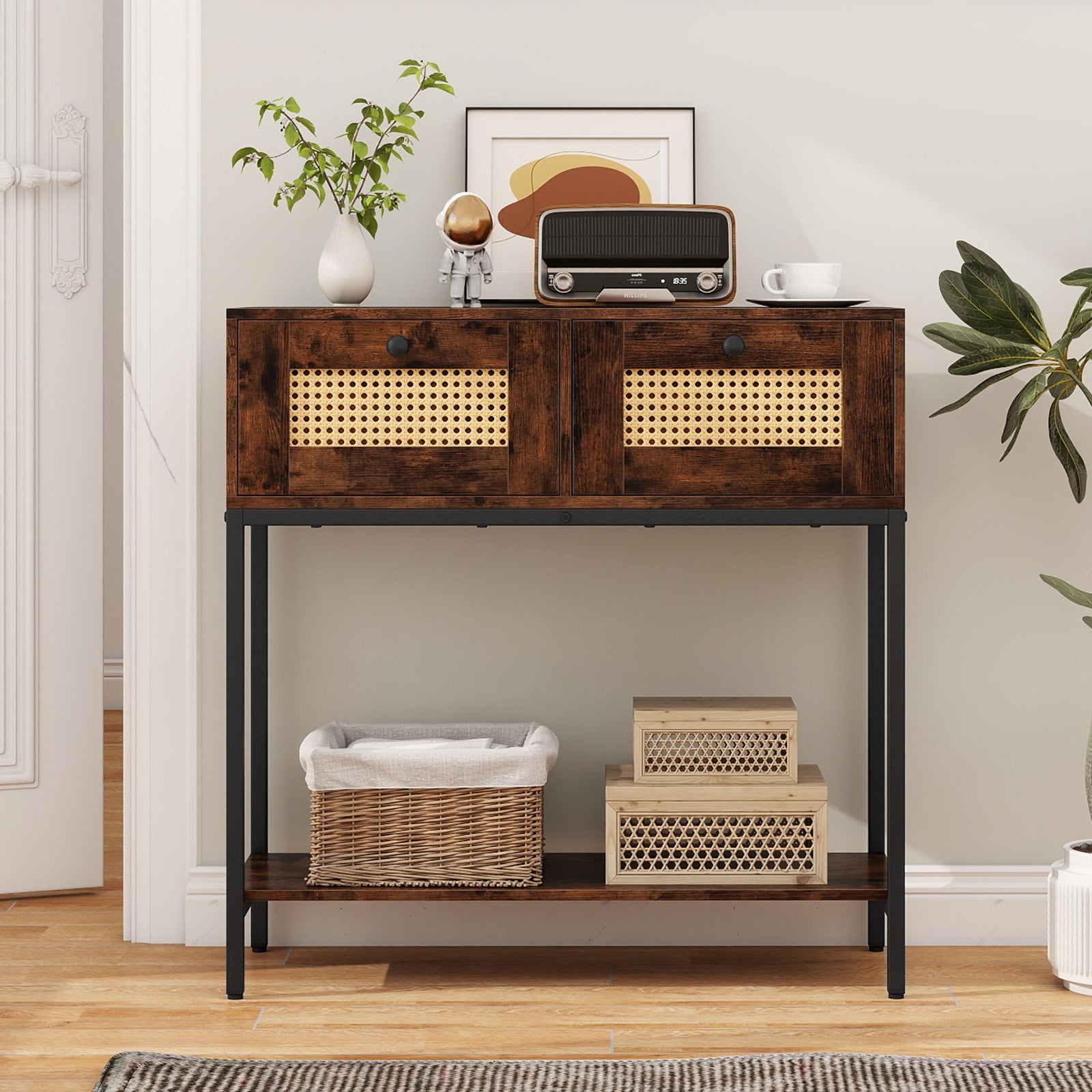 Rattan Console Table Boho Entryway Table with 2 Rattan Drawers and Open Storage Shelf-Rustic Brown