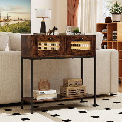 Rattan Console Table Boho Entryway Table with 2 Rattan Drawers and Open Storage Shelf-Rustic Brown