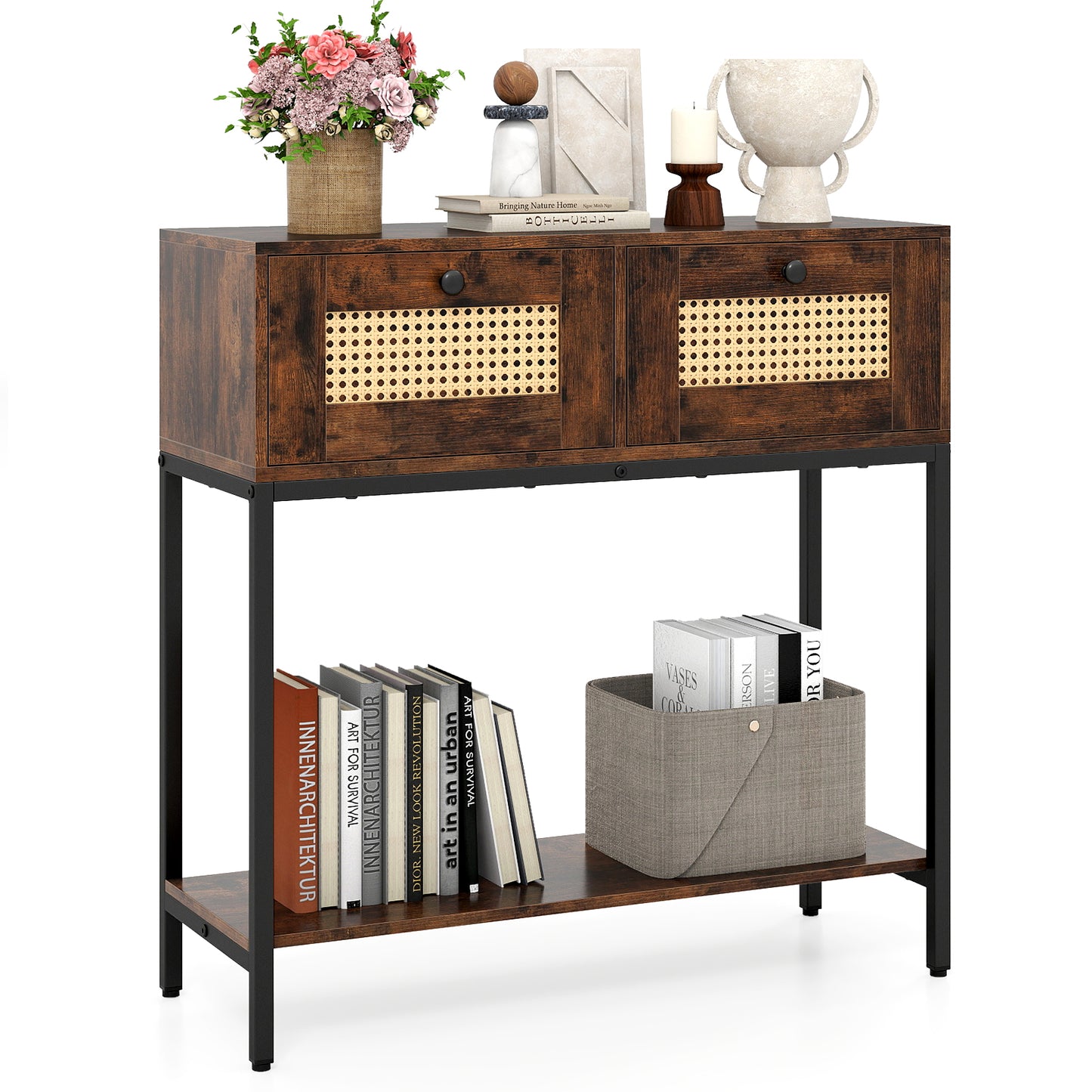 Rattan Console Table Boho Entryway Table with 2 Rattan Drawers and Open Storage Shelf-Rustic Brown