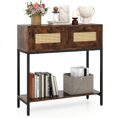 Rattan Console Table Boho Entryway Table with 2 Rattan Drawers and Open Storage Shelf-Rustic Brown