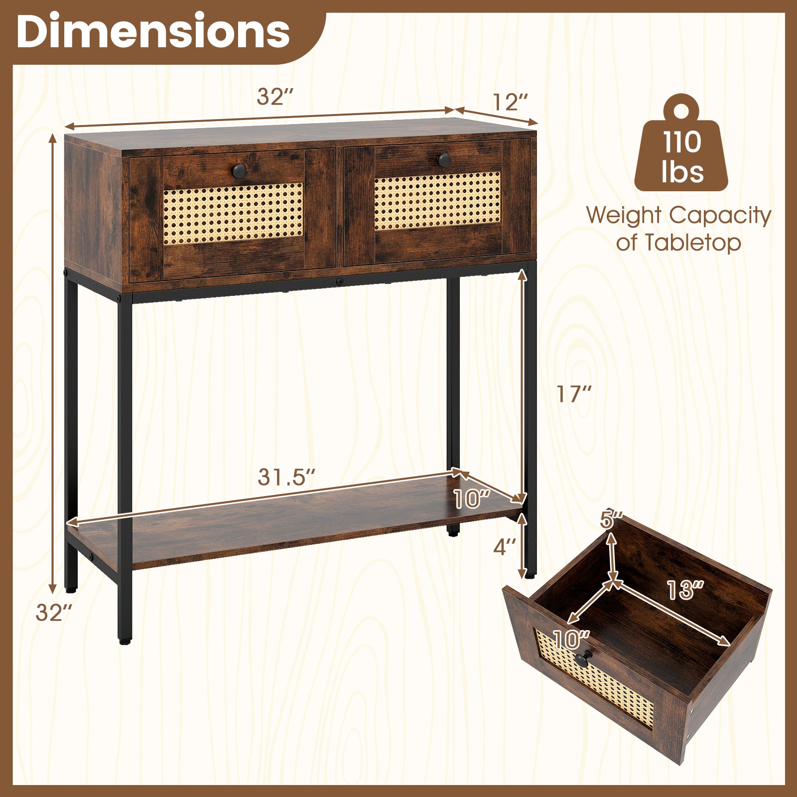 Rattan Console Table Boho Entryway Table with 2 Rattan Drawers and Open Storage Shelf-Rustic Brown
