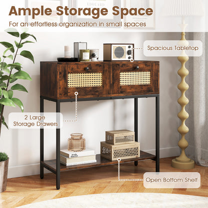 Rattan Console Table Boho Entryway Table with 2 Rattan Drawers and Open Storage Shelf-Rustic Brown
