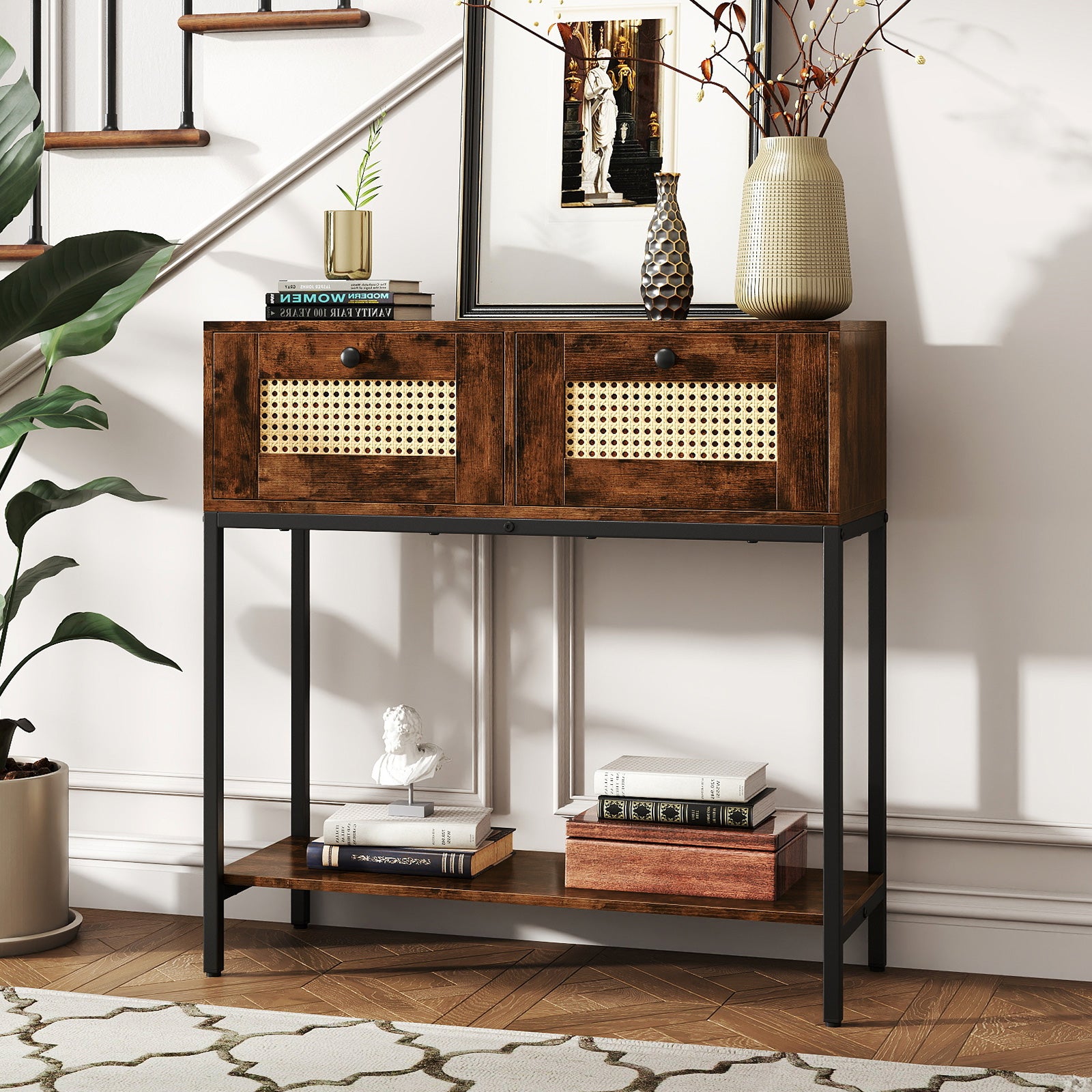 Rattan Console Table Boho Entryway Table with 2 Rattan Drawers and Open Storage Shelf-Rustic Brown