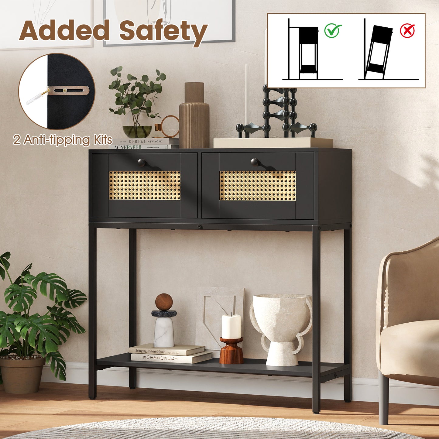 Rattan Console Table Boho Entryway Table with 2 Rattan Drawers and Open Storage Shelf-Black