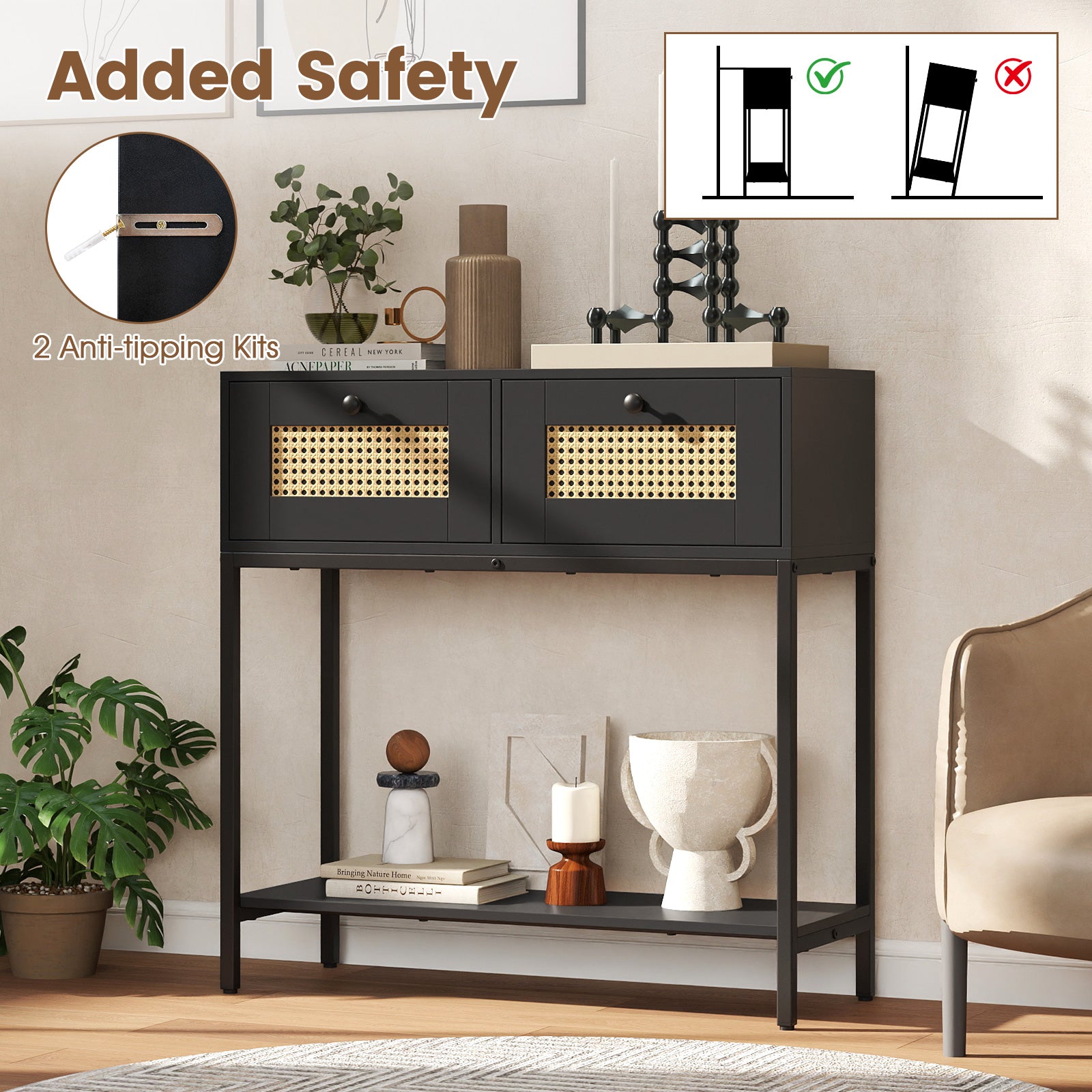 Rattan Console Table Boho Entryway Table with 2 Rattan Drawers and Open Storage Shelf-Black