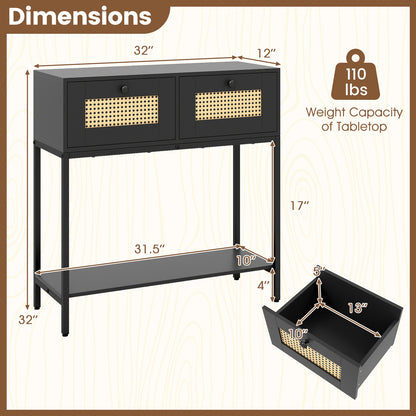 Rattan Console Table Boho Entryway Table with 2 Rattan Drawers and Open Storage Shelf-Black