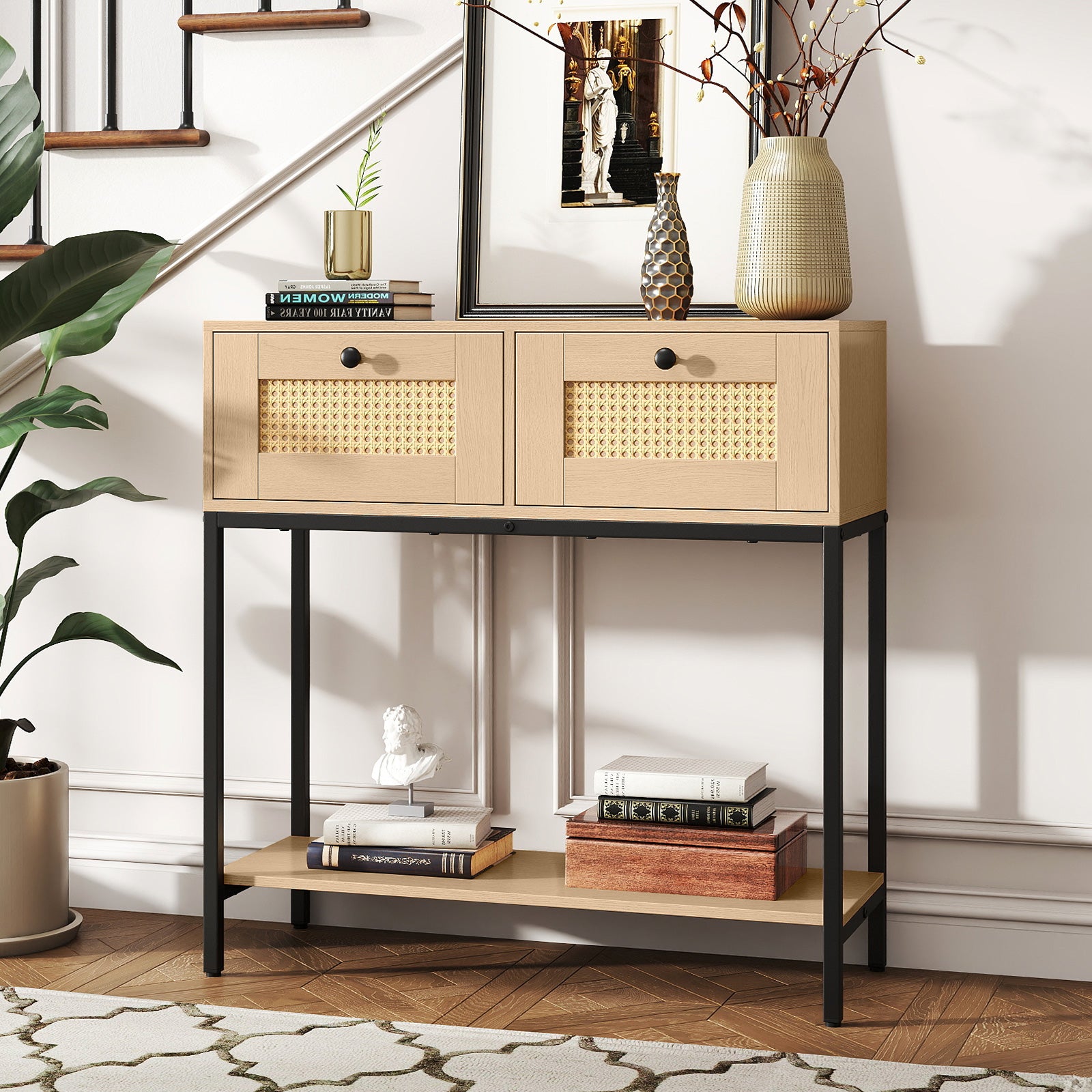Rattan Console Table Boho Entryway Table with 2 Rattan Drawers and Open Storage Shelf-Oak